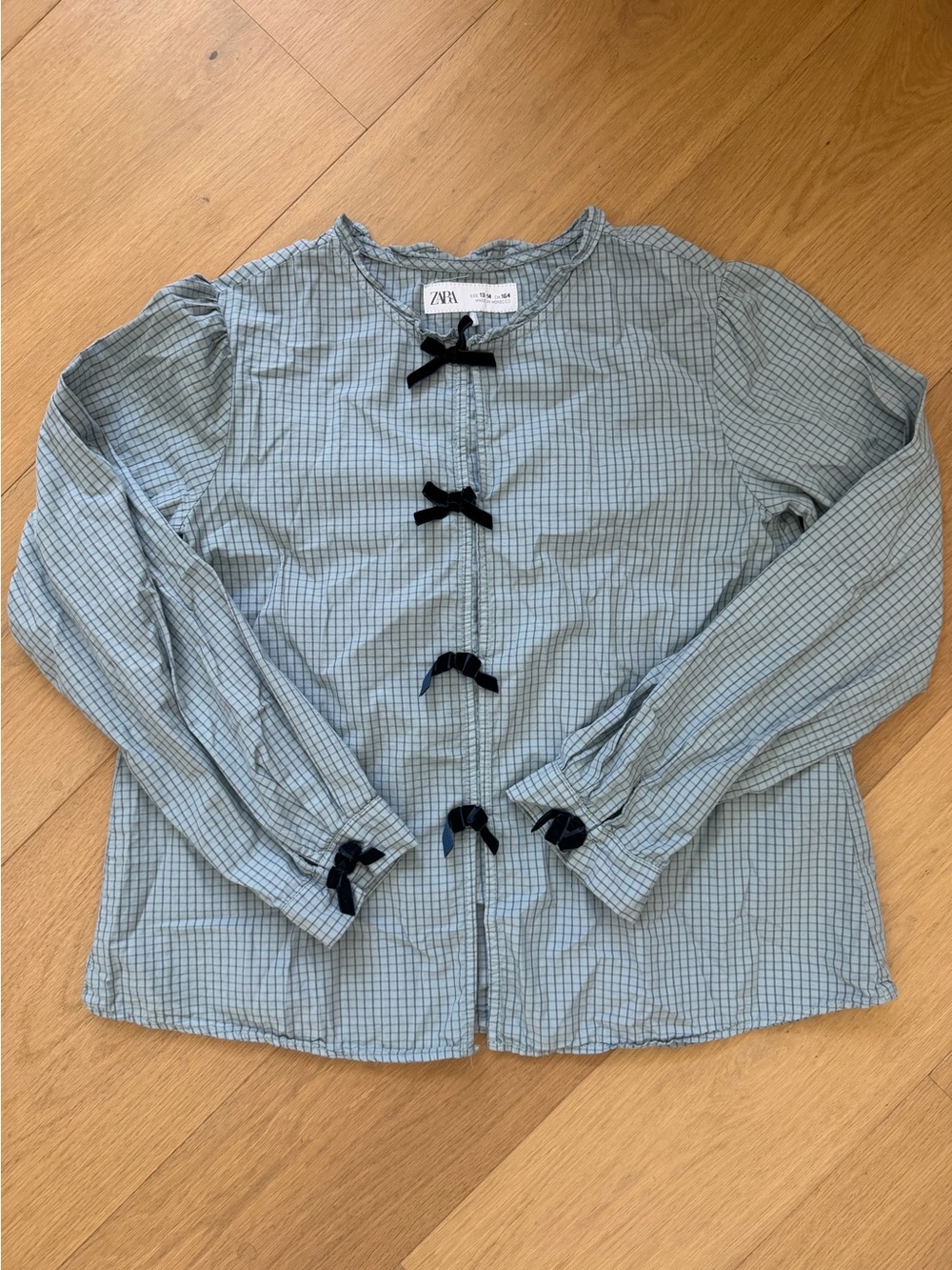 Zara Girls Light Blue Plaid Bow-Front Blouse